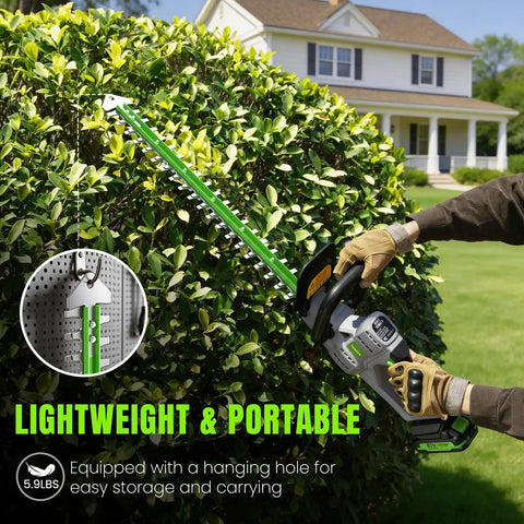 Using Cordless Hedge Trimmer 22 Inch With 21V Power No Cord Hassle Dual Action Steel Blades on garden bush near house