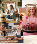 Collage of an All In One Cake Baking And Transport Kit With Nonstick 9.5 Inch Ring Pan in various home and gifting settings.