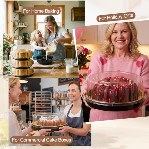 Collage of an All In One Cake Baking And Transport Kit With Nonstick 9.5 Inch Ring Pan in various home and gifting settings.