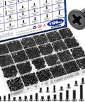 Top Shelf Metric Micro Screw And Hex Nut Assortment Kit With 1130 Pieces Black Carbon Steel Fasteners in labeled storage tray.