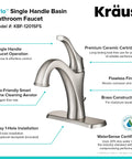 Arlo Single Handle Basin Bathroom Faucet With Lift Rod Drain And Deck Plate Spot Free All-Brite Stainless Steel Finish For 1 Or 3 Hole Install And Easy Fit In Powder Room Or Bath DIY Friendly, shown with branding and features