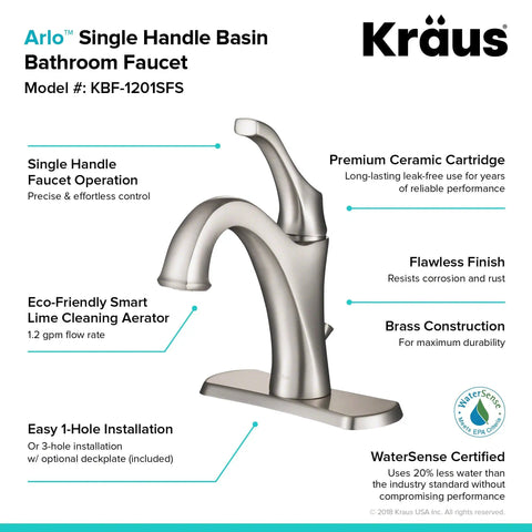 Arlo Single Handle Basin Bathroom Faucet With Lift Rod Drain And Deck Plate Spot Free All-Brite Stainless Steel Finish For 1 Or 3 Hole Install And Easy Fit In Powder Room Or Bath DIY Friendly, shown with branding and features