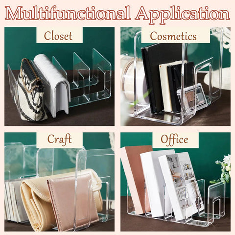 Multifunctional application of Clear Plastic Purse Organizer For Closet, 13 By 6 By 5 Inches, 4 section shelf dividers.