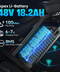 Close-up of 48V 18Ah battery on Powerful 2000W Electric Dirt Bike For Adults With 48V 18Ah Battery 110Nm Torque Pedal Assist Up To 100 Miles Hydraulic Disc Brakes 17 Inch Dirt Tires Off Road E Bike For Teens And Adults
