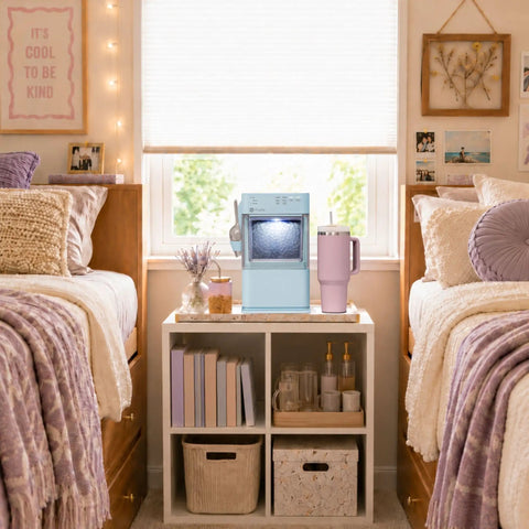 Portable Countertop Nugget Ice Maker Delivers Sick Chill Levels With Legit Chewable Snow Ice Ready Fast placed in cozy bedroom setting.