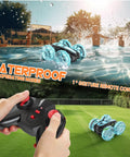 Amphibious 4WD RC Car And Boat Hybrid With Waterproof Design performing stunts on water and grass, remote in hand