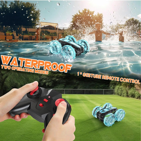 Amphibious 4WD RC Car And Boat Hybrid With Waterproof Design performing stunts on water and grass, remote in hand