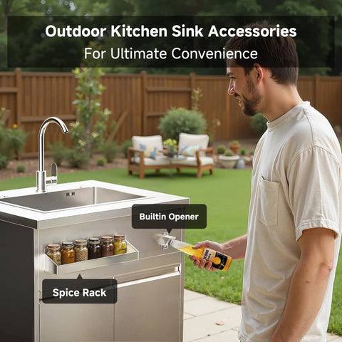 Man using Stainless Steel Outdoor Kitchen Sink With Faucet Kit Hose Hookups Single Bowl Storage Brakes On Wheels Spice Rack in yard