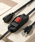 No Fuss Heavy Duty Three Prong Outdoor Extension Cord With Wet Resistant Inline Toggle and Fully Grounded Outlets on a surface.