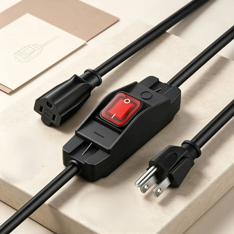 No Fuss Heavy Duty Three Prong Outdoor Extension Cord With Wet Resistant Inline Toggle and Fully Grounded Outlets on a surface.