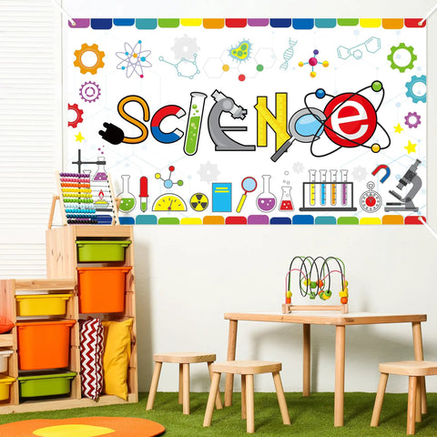 Chemical Science Backdrop Banner Decorations Extralarge Kid Friendly Classroom Lab Party Themed Background With Colorful Scientific Elements Perfect For School Projects Birthday Celebrations And Scientist Themed Events No Drill Easy Setup featuring colorful science icons and text.