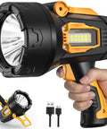 Hand holding Rechargeable Spotlight 2,000,000 Lumens, Crazy Bright LED Flashlight For Outdoor Adventures, with USB-C cable
