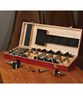 Heavy Duty High Carbon Steel Forstner Bit Set Featuring 24 Pieces For Drilling Precision Flat Bottom Holes in a wooden storage box.