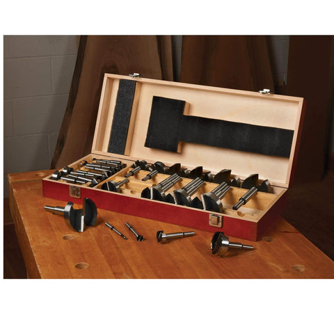 Heavy Duty High Carbon Steel Forstner Bit Set Featuring 24 Pieces For Drilling Precision Flat Bottom Holes in a wooden storage box.