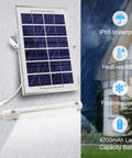 Outdoor Solar Bar Light Kit With Motion Sensor, 3 Modes, Remote, Waterproof Pendant Tube shown in weather resistance display.