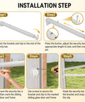 Installation steps for Adjustable Sliding Glass Pet Door Security Bar showing attachment to door frame and locking mechanism.