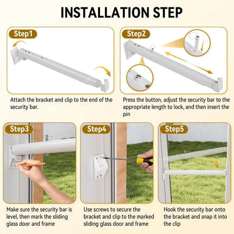 Installation steps for Adjustable Sliding Glass Pet Door Security Bar showing attachment to door frame and locking mechanism.