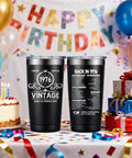 Born In 1976 Vintage 20 Oz Insulated Tumbler featuring black design, birthday cake, and festive decorations for a 50th party.