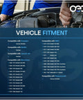 Vehicle fitment chart for marine engines, showing compatibility with Mercruiser, OMC, and other models. Background shows engine.