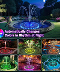 Solar Fountain Kit For Bird Bath And Garden Pond With 3.5W Panel, 2000mAh Battery, 3D Color Changing LED Lights in use at night