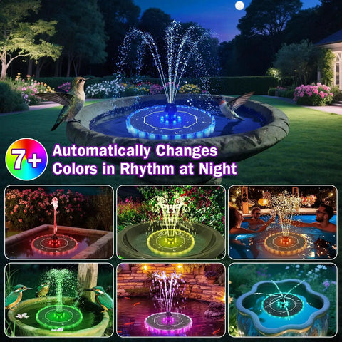 Solar Fountain Kit For Bird Bath And Garden Pond With 3.5W Panel, 2000mAh Battery, 3D Color Changing LED Lights in use at night