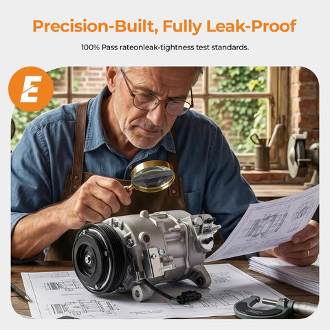 Man inspecting a Straight Shot AC Compressor With Clutch Fits Chevrolet Silverado 1500 Gmc Sierra 1500 Tahoe Suburban Yukon Xl Escalade 2014 2020 V6 V8.