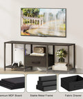 Slick Industrial TV Stand With Fabric Drawer For Fifty Five Inch TV Sweet Entertainment Center With Open Shelves Media Console Table That Definitely Nails The Vibe In Any Living Room Or Bedroom Top Notch Black Build with TV display.