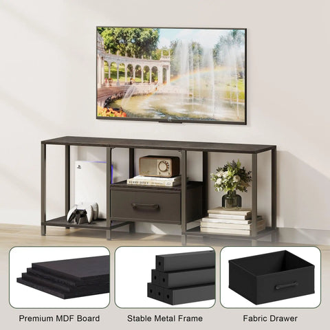 Slick Industrial TV Stand With Fabric Drawer For Fifty Five Inch TV Sweet Entertainment Center With Open Shelves Media Console Table That Definitely Nails The Vibe In Any Living Room Or Bedroom Top Notch Black Build with TV display.