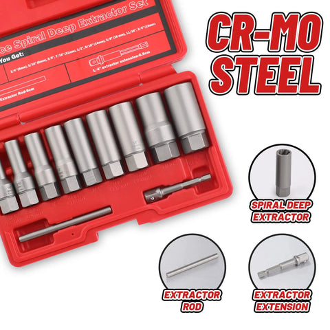 11 Piece Spiral Deep Bolt Extractor Set For Stripped Lug Nuts And Rounded Off Bolts, Pro Grade Heavy Duty Kit in red case