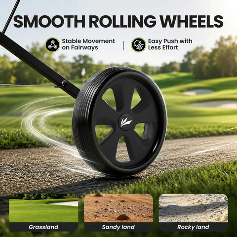 Top Shelf Two Wheel Golf Pull Cart Lightweight Foldable Push Cart Built From Heavy Duty Steel with smooth rolling wheels on fairways.
