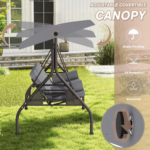 Three Seat Outdoor Porch Swing Chair With Adjustable Canopy Two In One Convertible Backrest Into Bed Thick Cushions Pillow And Cup Holder Weather Resistant Gray with adjustable tilt features.