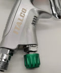 Close-up of Italian Designed HVLP Spray Gun With 1.3mm Tip And 600ml Cup, showing ergonomic handle and embedded trigger detail.