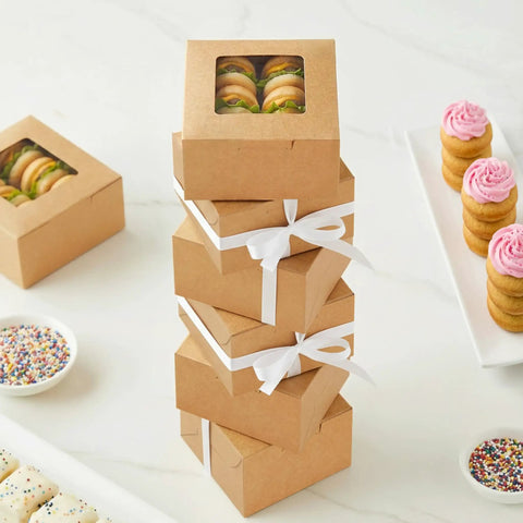Heavy Duty Brown Cardboard Cookie Boxes With Clear Viewing Window Four By Four Inch Pastry Containers For Cupcakes Mini Pies And Sweet Treats Fifty Pack Straight Up Quality Bakers Packing