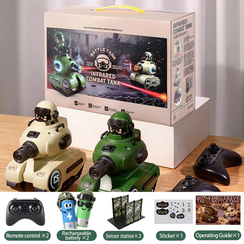 2 Pack Infrared RC Battle Tanks With Realistic Sound Effects, Remote Control Tank Set for Kids Ages 6 to 12, box and components