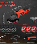Shall side-view 4-1/2in angle grinder with orange body and guard; includes 3 grinding wheels and 3 cutting discs