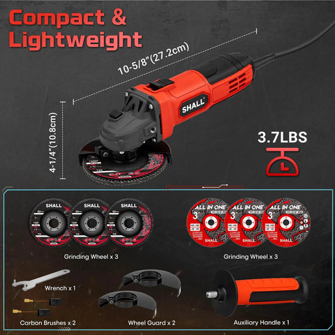Shall side-view 4-1/2in angle grinder with orange body and guard; includes 3 grinding wheels and 3 cutting discs