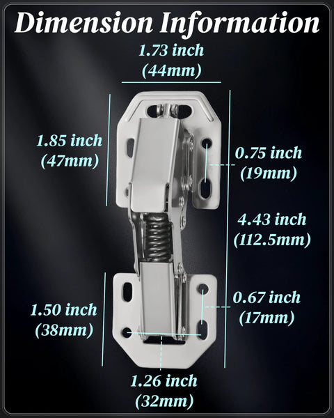 No Cup Hole Needed 4 Pack Soft Close Concealed Cabinet Hinges with dimensions for overlay and inset doors.
