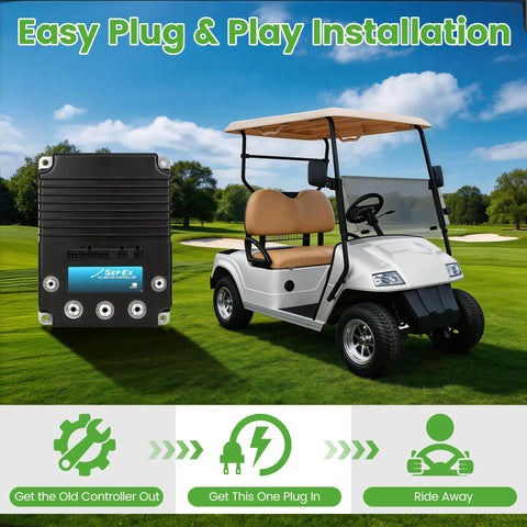 Professional Grade Heavy Duty 48V 400A Golf Cart Solid State Speed Controller Direct Swap Replacement For Curtis 1268 5403 alongside golf cart on green grass.