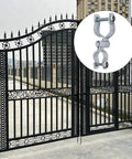 Two Pack Chain Link Fence Gate Hinge Set With Galvanized Steel Clamp On Hardware For Two And Three Eighths Inch Posts And One And Three Eighths Inch Frames Yard Gate Repair Kit Anti Slip Wraparound Tubing Clamp For Smooth Sag-Free Swing on black metal gate with inset of hinge