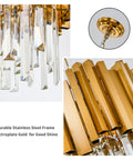 Zoomed details of Dope Modern Crystal Pendant Light Fixture Round Hanging Chandelier With Gold Finish 2 Tier Contemporary Crystal Chandelier For Living Room Dining Room And Kitchen Adjustable Height For Sloped Or Flat Ceilings 19 Inch Drop showing the gold electroplate and glass crystal drops.