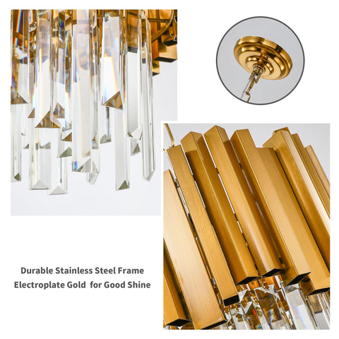 Zoomed details of Dope Modern Crystal Pendant Light Fixture Round Hanging Chandelier With Gold Finish 2 Tier Contemporary Crystal Chandelier For Living Room Dining Room And Kitchen Adjustable Height For Sloped Or Flat Ceilings 19 Inch Drop showing the gold electroplate and glass crystal drops.