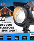 40W LED Outdoor Spotlight Plug In 120V 4000LM Warm White 3000K Landscape Lighting For Yard House Trees Flag Poles Signage With Stake And 5.5ft Cord Durable Weatherproof Design For All Seasons displayed outside a house