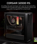 Corsair 3200D RS mid tower PC case with transparent side panel showing interior and ARGB cooling fans