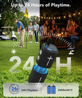 Badass Two In One Split Magnetic Bluetooth Speaker Packing Crushing Stereo Bass And Wireless Portability For Golf Carts Trucks And RVs, shown in use on a golf course with playtime indicator.