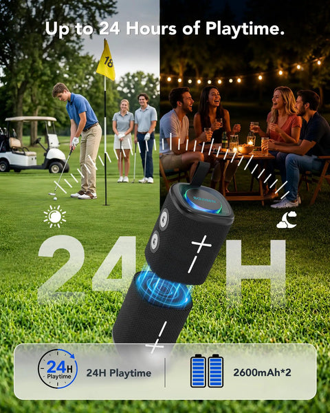 Badass Two In One Split Magnetic Bluetooth Speaker Packing Crushing Stereo Bass And Wireless Portability For Golf Carts Trucks And RVs, shown in use on a golf course with playtime indicator.