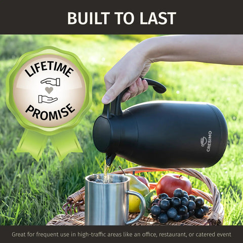 Pouring coffee from 68 Ounce Thermal Coffee Carafe With Insulated Black Stainless Steel Keeps Your Brew Hot 12 Hours Or Cold 36 Hours Easy Pour Leak Proof Lid Wide Mouth For Easy Cleaning Built Tough Durable Drink Dispenser For Home Or Office.