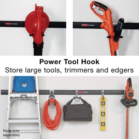 Garage FastTrack Power Tool Holder Satin Nickel Wall Mounted Storage System with tools organized on hooks and rails