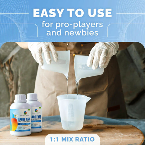 Crystal Clear 64 Oz Epoxy Resin Kit With Hardener For Food Safe DIY Art Woodworking Jewelry Making Coasters Mold Casting Low Viscosity Self Leveling Perfect For Beginners And Pros in use, 1:1 mix ratio shown