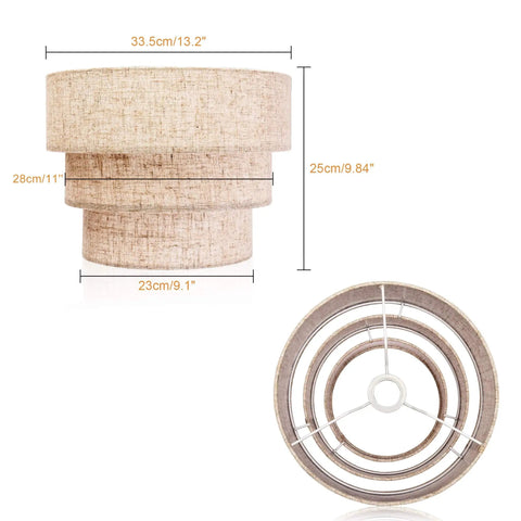 3 Tier Drum Linen Lamp Shade for Pendant, Floor, and Chandelier Lights, Clip On Replacement, top and side view with dimensions