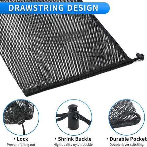 Close-up of corner features on Two Pack Heavy Duty Mesh Drawstring Bags With Cord Lock Closure, 20x16 and 16x12 Inches.